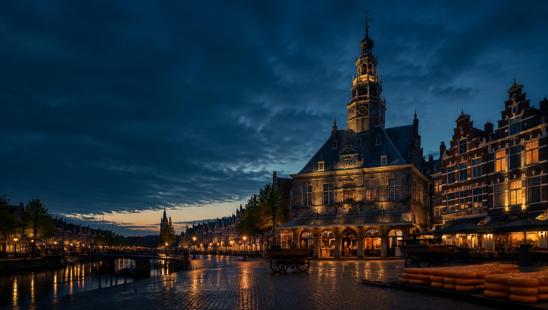 De Waag en historische binnenstad van Alkmaar bij avond